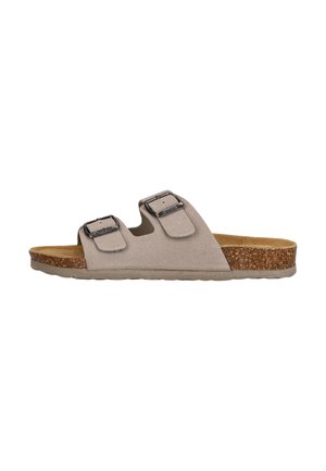 Beige Wildleder-Sandale mit zwei verstellbaren Riemen und silbernen Schnallen, Korkzwischensohle und strukturiertem Gummisohle für zusätzlichen Grip.