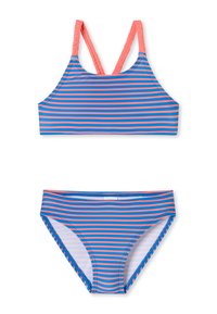 Set bikini a righe con top corto in morbide strisce multicolori blu e rosa, abbinato a slip, realizzati in tessuto morbido e elasticizzato.