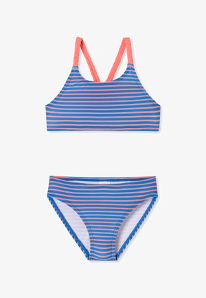 Conjunto de bikini a rayas que incluye un top corto con rayas multicolores en azul y rosa y una parte inferior a juego, fabricado en un tejido suave y elástico.