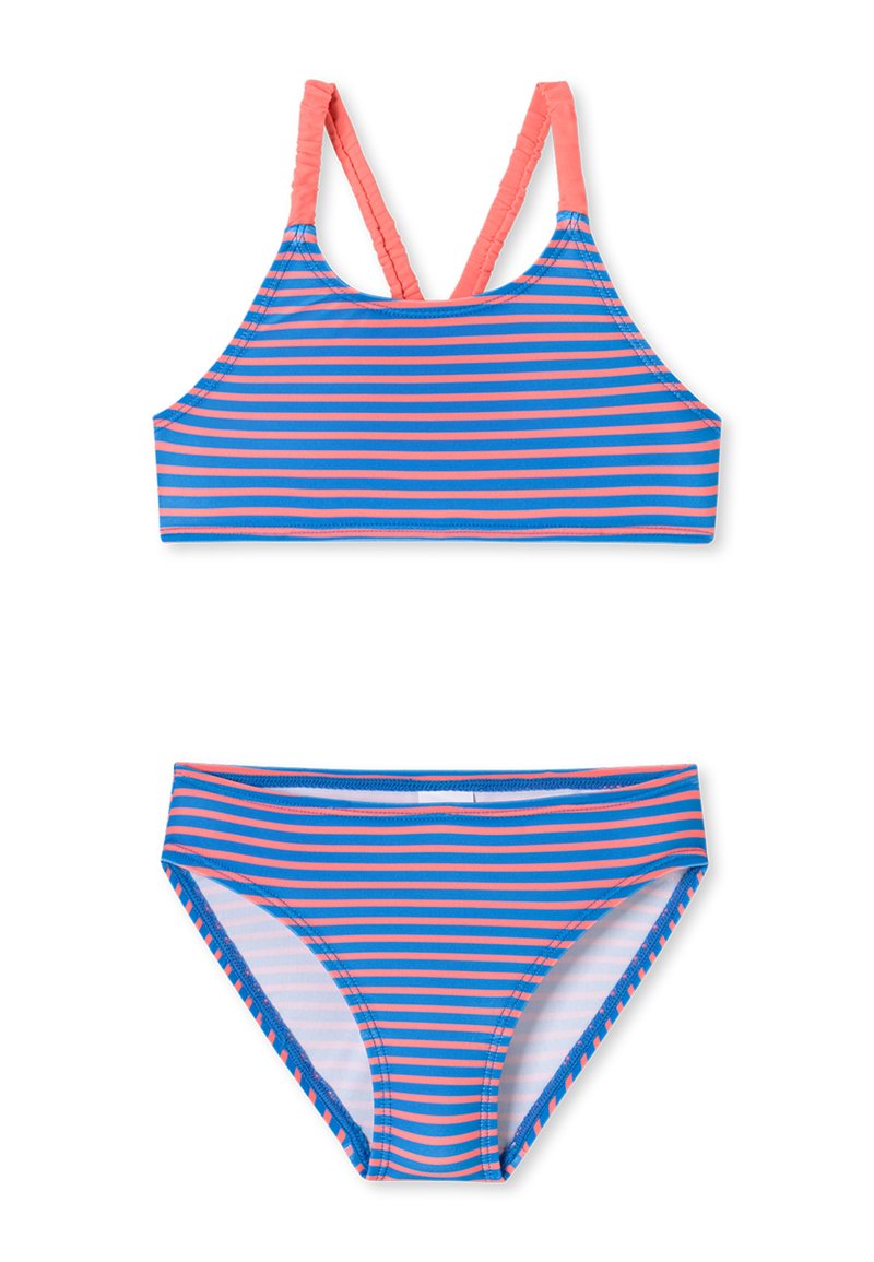 Set bikini a righe con top corto in morbide strisce multicolori blu e rosa, abbinato a slip, realizzati in tessuto morbido e elasticizzato.