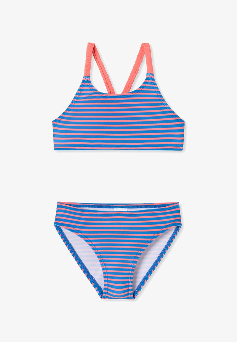 Gestreept bikini-set met een crop top met meerkleurige blauwe en roze strepen en bijpassende onderkant, gemaakt van zachte, rekbare stof.