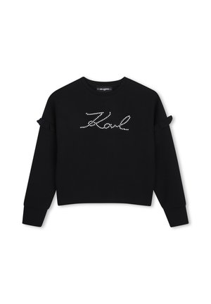 Sweat-shirt noir à manches longues avec des détails à volants sur les manches et "Karl" écrit en strass blancs sur la poitrine.