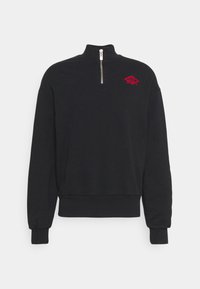 Black sweatshirt with a high collar and half-zip. Features ribbed cuffs and hem, with red embroidery on the chest depicting a logo.