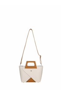 Beżowa torebka skórzana w odcieniu tan o kanciastym, geometrycznym wzorze. Posiada uchwyt do noszenia w ręku oraz regulowany pasek na ramię. Zauważalny detal w postaci wycięcia.