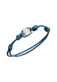 Pulsera de cordón trenzado azul con un cierre de metal que lleva grabado el nombre "BREIL". Diseño minimalista con acentos anudados.
