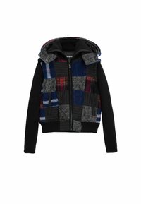 Gilet con cappuccio multicolore dal design patchwork, che mescola motivi a quadri e righe. Presenta una zip frontale, maniche in maglia nera e tasche.