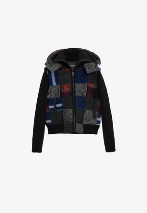Gilet con cappuccio multicolore dal design patchwork, che mescola motivi a quadri e righe. Presenta una zip frontale, maniche in maglia nera e tasche.