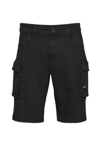 Black cargo shorts made of cotton blend fabric, featuring multiple pockets, a button closure, and a relaxed fit design.