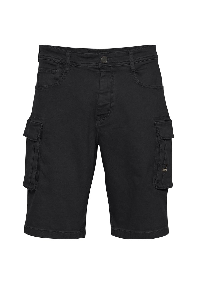 Black cargo shorts made of cotton blend fabric, featuring multiple pockets, a button closure, and a relaxed fit design.
