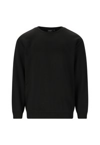 Musta collegepaita, joka on valmistettu puuvillasekoitteesta. Siinä on pyöreä kaula-aukko, pitkät hihat sekä resorit hihoissa ja helmassa. Ei kuvioita tai koristeita.