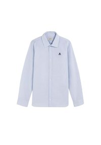 Lichtblauw shirt met lange mouwen van katoen, met een kraag, knoopsluiting aan de voorkant en een klein zwart schedellogo op de borst.