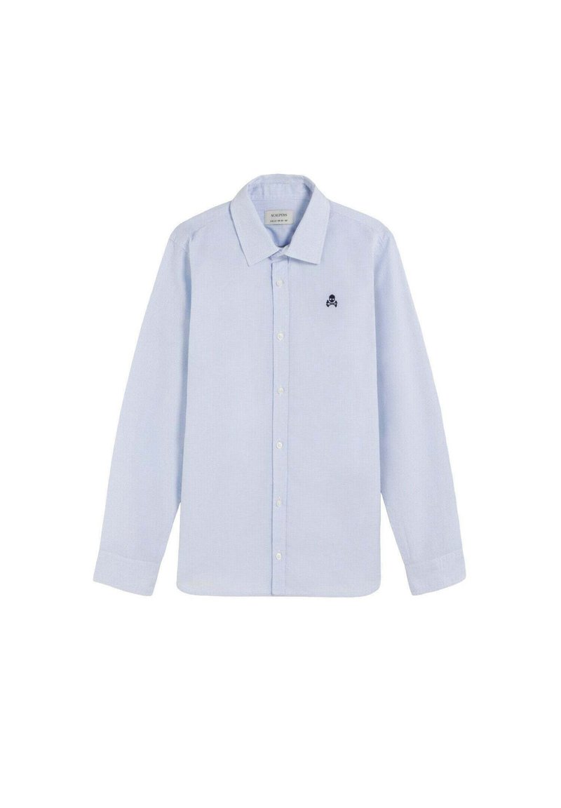 Lichtblauw shirt met lange mouwen van katoen, met een kraag, knoopsluiting aan de voorkant en een klein zwart schedellogo op de borst.