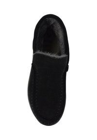 Pantofole nere in camoscio con morbido rivestimento interno, forma arrotondata e cuciture decorative lungo i bordi. Presenta una soletta imbottita.