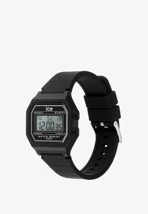 Digitaler Sportuhr mit schwarzem Gummiband und achteckigem schwarzem Gehäuse. Verfügt über ein digitales Display, einen Timer und eine Wasserbeständigkeit von bis zu 30 Metern.