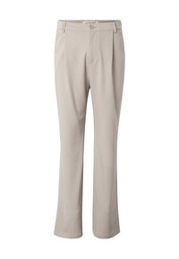 Béžové kalhoty s rovnými nohavicemi, s předním zapínáním na knoflík a zip, poutky na pásek a bočními kapsami, zobrazené na bílém pozadí.