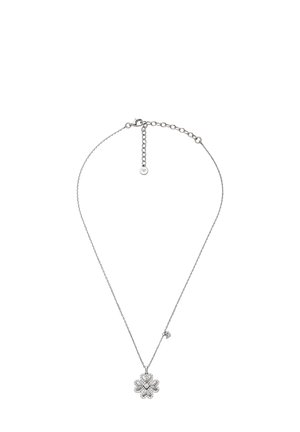 Silvrig halsband med en blommig hänge med intrikata detaljer, fäst vid en fin kedja med en liten justerbar låsning.