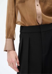 Blouse marron transparente avec une patte de boutonnage beige clair, associée à un pantalon noir à taille haute et à plis. Manches longues avec des poignets décontractés.
