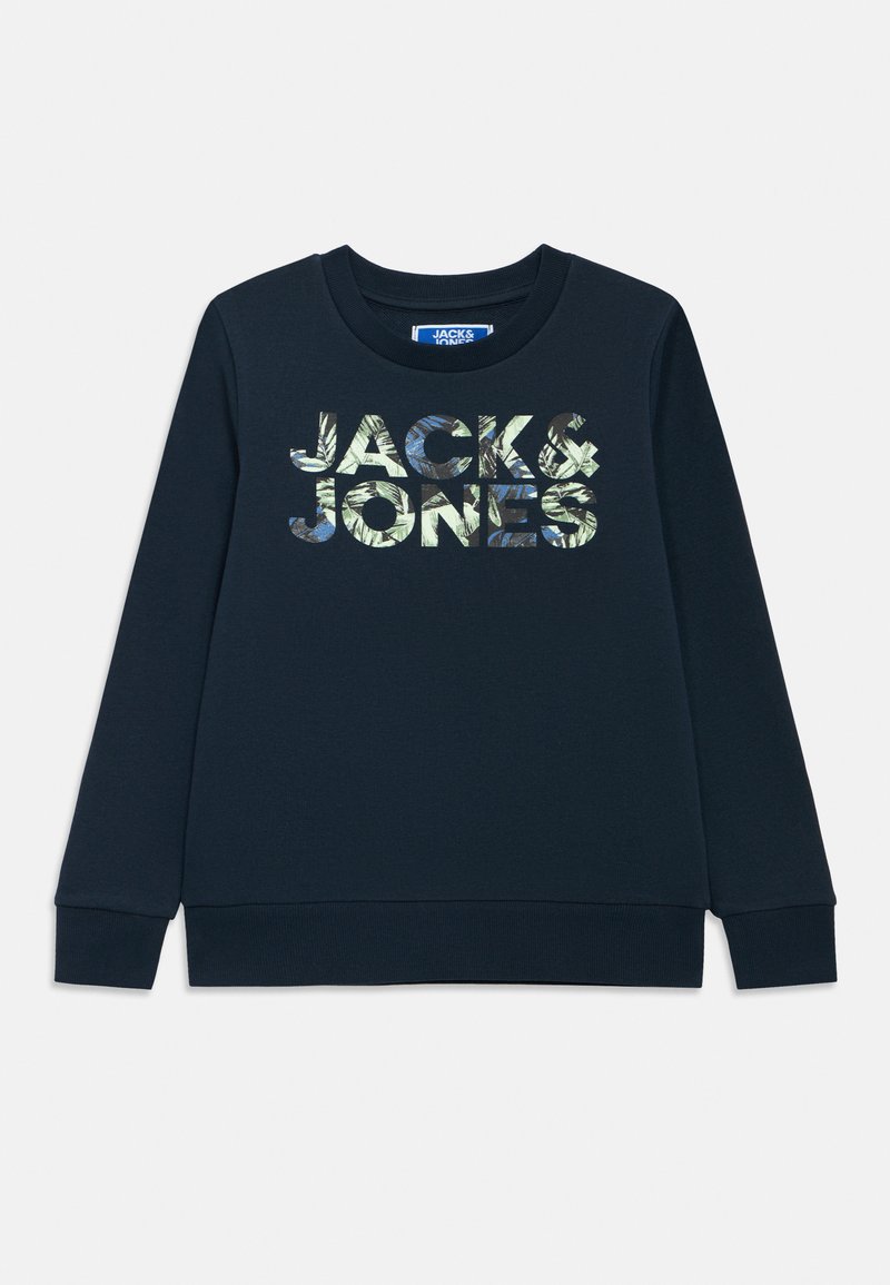 Mornarsko modra jopa z napisom "JACK & JONES" v teksturiranih, barvitih črkah. Izdelana iz mehkega blaga z okroglim izrezom in dolgimi rokavi.