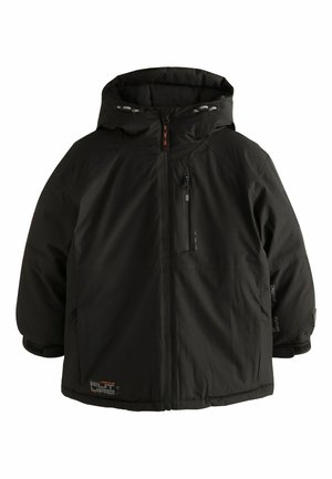 Schwarze Winterjacke mit Kapuze, seitlichen Taschen, Vorderreißverschluss und verstellbaren Kordelzügen. Mit gestepptem Design und Logo-Detail.