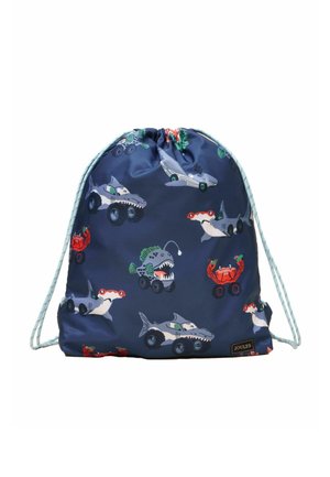 Navy drawstring bag with fun prints of shark cars, anglerfish cars, crab cars, and hammerhead shark cars in vibrant colors.