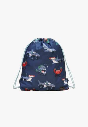 Sac à cordon marine avec des imprimés amusants de voitures requins, voitures baudroie, voitures crabe et voitures requin-marteau en couleurs vives.