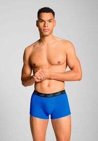 Blue boxer shorts made of stretchy fabric, featuring a black elastic waistband with "PUMA" logo. Model poses with hands together.
