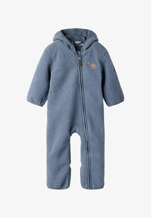 Pelele para bebé de forro polar azul con capucha, cremallera frontal y pequeño bordado de dinosaurio en el pecho.