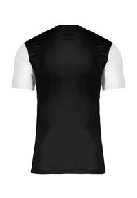 Camicia a maniche corte con retro nero e maniche bianche. Realizzata in tessuto leggero con una texture liscia e colletto tondo.