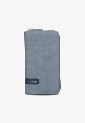 Blue textured leather wallet with a zip closure, featuring a navy accent band displaying the brand name. Compact rectangular shape.