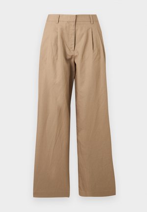 Beige wide-leg trousers with front pleats, belt loops, and a concealed front closure, displayed on a plain background.