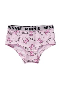 Colore rosa, mutandine da bambino con contorni ripetuti della testa di Minnie Mouse e fiocchi a pois rosa, vita elastica con etichetta "MINNIE" in nero.