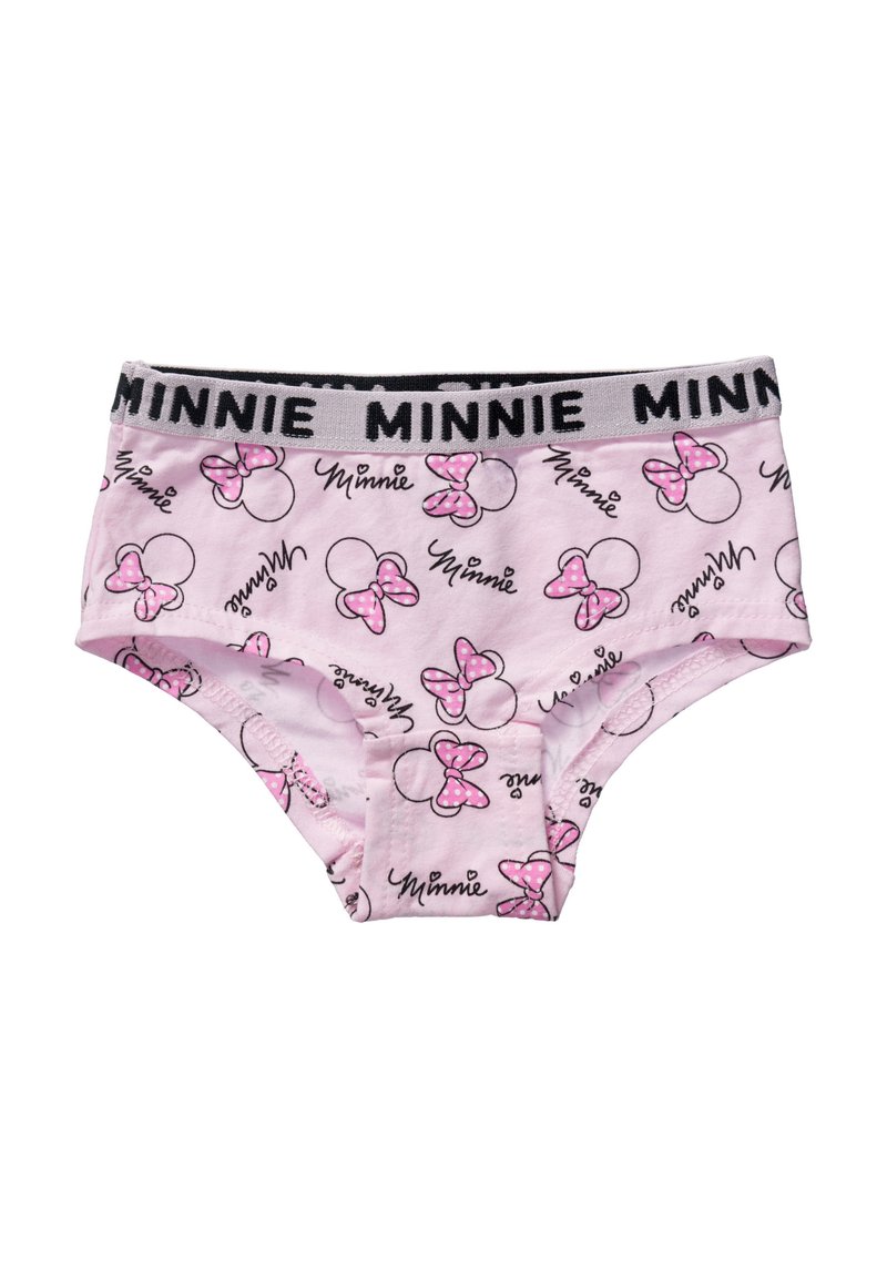 Colore rosa, mutandine da bambino con contorni ripetuti della testa di Minnie Mouse e fiocchi a pois rosa, vita elastica con etichetta "MINNIE" in nero.