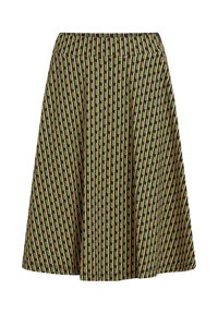Gonna con una vita elastica, caratterizzata da un motivo geometrico verde, nero e giallo, realizzata in un tessuto leggero e morbido.