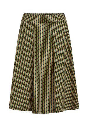 Skirt with an elastic waistband, featuring a green, black, and yellow geometric pattern, made from a smooth, lightweight fabric.