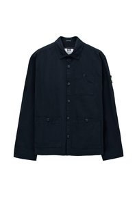 Giacca in cotone blu navy con chiusura frontale a bottoni, colletto a punte, taschino sul petto e due tasche a toppa frontali. Presenta maniche lunghe.