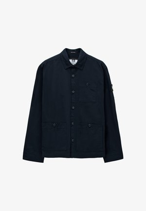 Marineblaue Baumwolljacke mit durchgehender Knopfleiste, Punktkragen, einer Brusttasche und zwei aufgesetzten Fronttaschen. Mit langen Ärmeln.