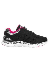 Black athletic shoe with a textured mesh upper, pink accents, and a floral-patterned white sole. Features lace-up closure and cushioning.