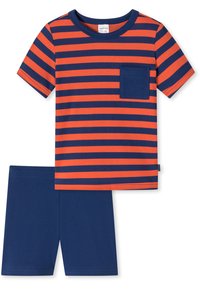 Striped cotton t-shirt in navy and orange, featuring a pocket. Paired with solid navy shorts. Both have a soft texture and casual design.