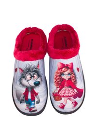 Zapatillas para niños con puños rosas adornados con pelo. Diseño tipo slip-on con un gráfico de lobo y niña. Parte superior de textil suave con suela de goma.
