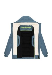 Plava izolirana jakna s umjetnim krznom. Ima crni unutrašnjost s kvadratnim uzorcima, džepove s patentnim zatvaračem i kapuljaču. Unutra se nalazi logo "STONE HARBOUR".