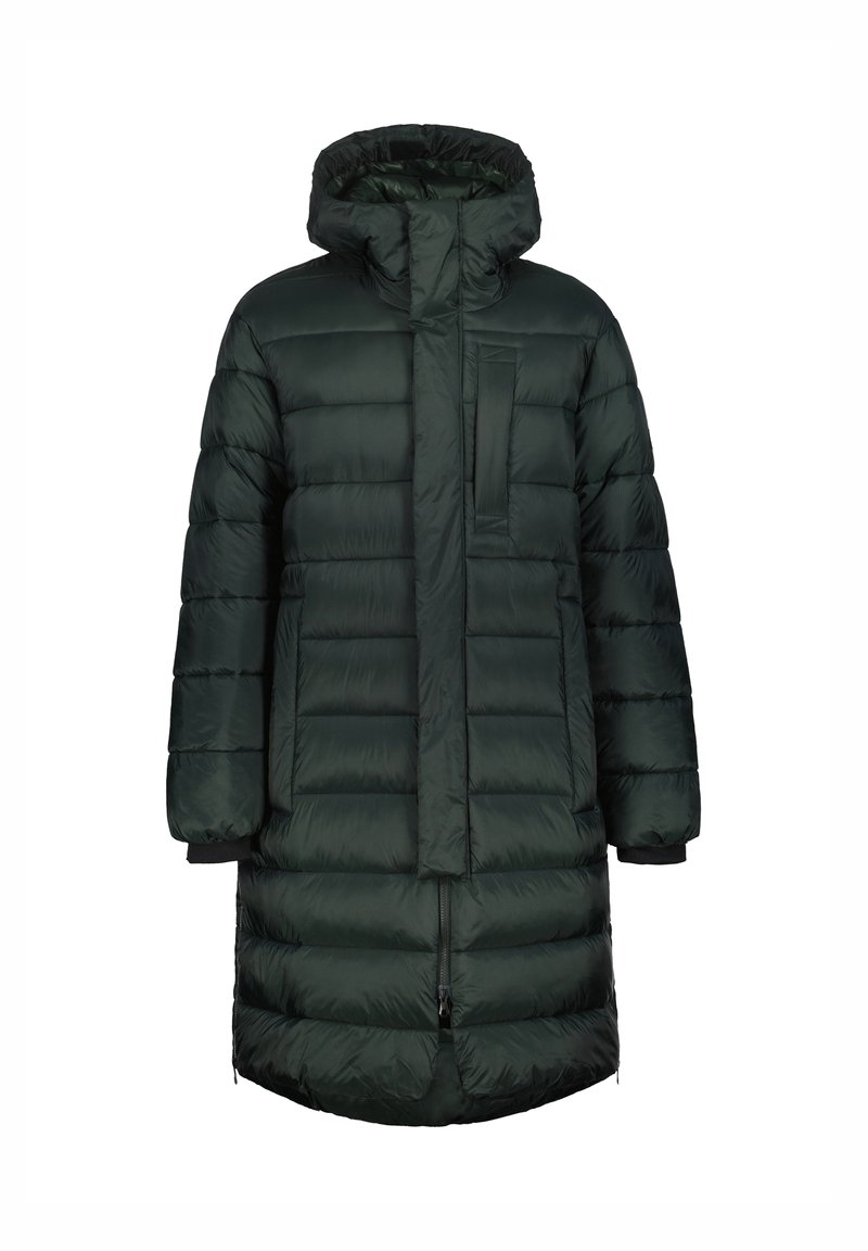 Giacca puffer verde scuro con cappuccio, dotata di zip frontale, polsini elasticizzati, tasca sul petto e texture trapuntata per l'isolamento.