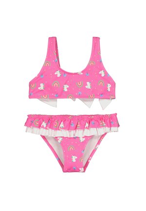Traje de baño infantil de dos piezas en color rosa con estampados de unicornio y arcoíris, con un pantalón con volantes y detalles de lazo en la parte superior.