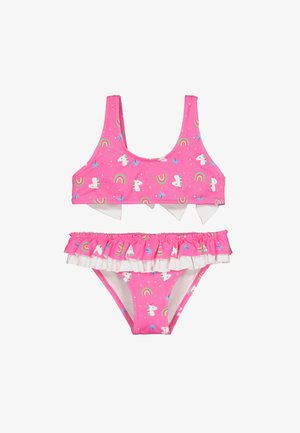 Traje de baño infantil de dos piezas en color rosa con estampados de unicornio y arcoíris, con un pantalón con volantes y detalles de lazo en la parte superior.