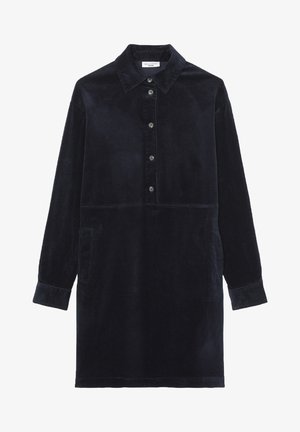 Robe en velours côtelé noire à manches longues avec col à boutons, boutons sur le devant et poches latérales.