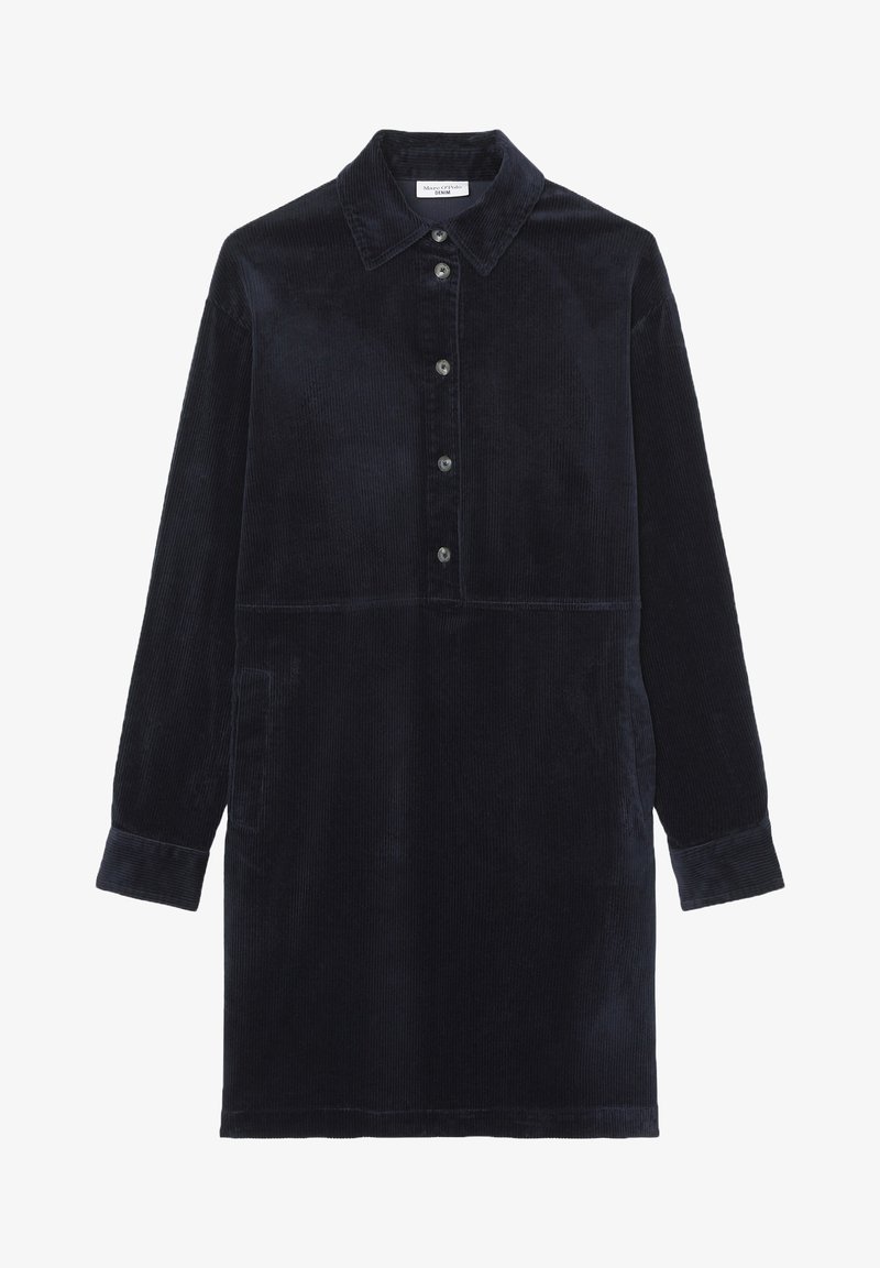 Robe en velours côtelé noire à manches longues avec col à boutons, boutons sur le devant et poches latérales.