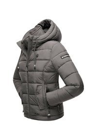 Gray padded winter jacket with hood, front zipper, side pockets, and logo patches on chest and sleeve.