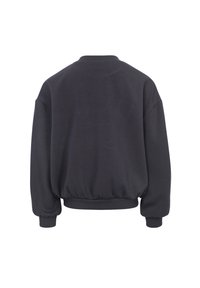 Donkergrijze achterkant van een sweatshirt, met een geribbelde zoom en boorden, losse pasvorm en zachte, gestructureerde stof.