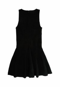 Schwarzes ärmelloses Kleid mit tailliertem Oberteil und ausgestellt Rock. Verfügt über einen Reißverschluss auf der Rückseite und hat eine glatte Textur. Einfaches, klassisches Design.