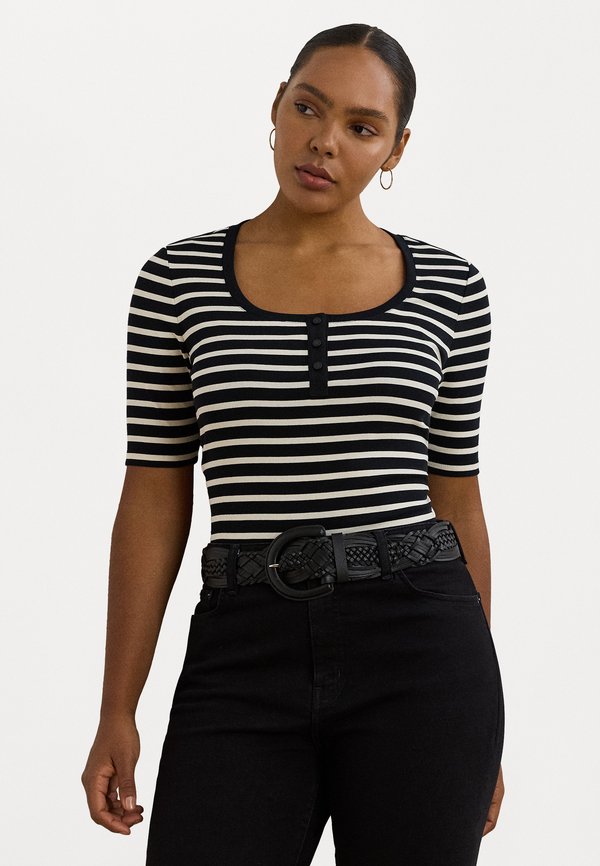 STRIPED ELBOW-SLEEVE HENLEY TOP - Print T-shirt