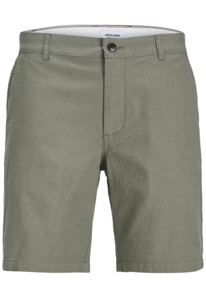 Olive green casual men's shorts with button and zipper closure, belt loops, and front pockets.